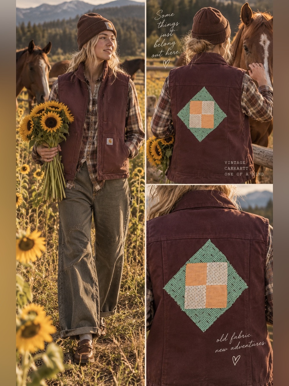 Carhartt Plum Vest w/ 1920s Antique Quilt Patch Women’s Small | OOAK